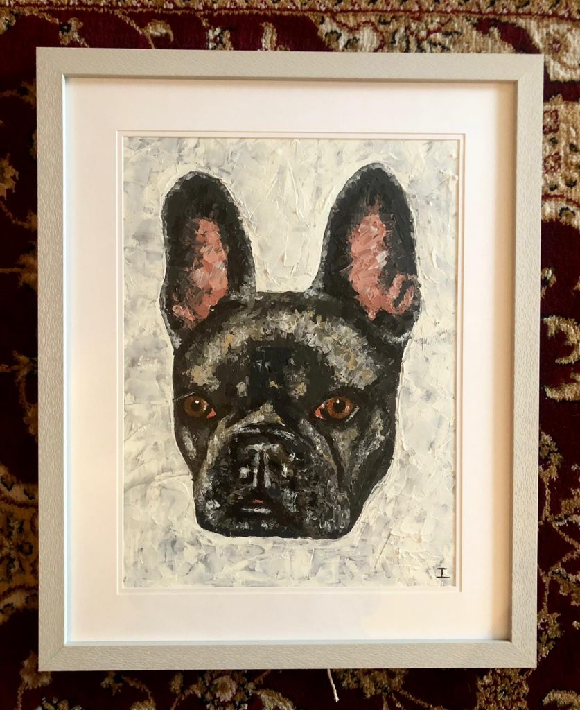 Painted a french bulldog family dog with a palette knife on canvas.