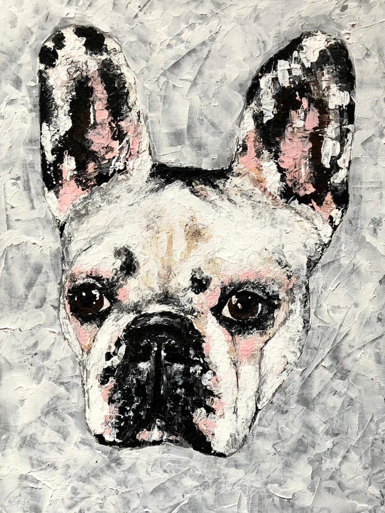 Painted a french bulldog family dog with a palette knife on canvas.
